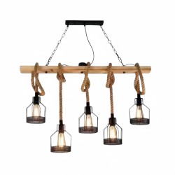 Lámpara Colgante de Techo Vintage,Casquillo E27 Retro 5 Luces (Sin Bombillas),Luz de Madera y Cadena de hierro de Estilo Rústico